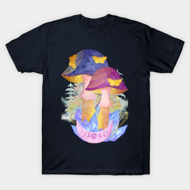 Watercolor Butterflies Crystals Mushrooms Phases of the Moon T-Shirt by Shayna